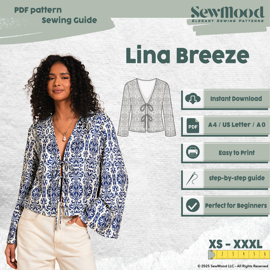 Tie Front Blouse Sewing Pattern | PDF Women’s Top Pattern | Long Sleeve Tie Top | DIY Sewing Pattern A4 A0 | Sizes XS–3XL