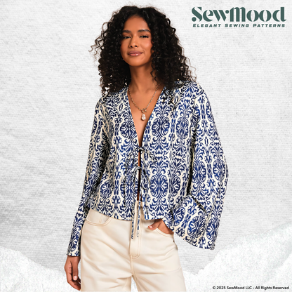 Tie Front Blouse Sewing Pattern | PDF Women’s Top Pattern | Long Sleeve Tie Top | DIY Sewing Pattern A4 A0 | Sizes XS–3XL
